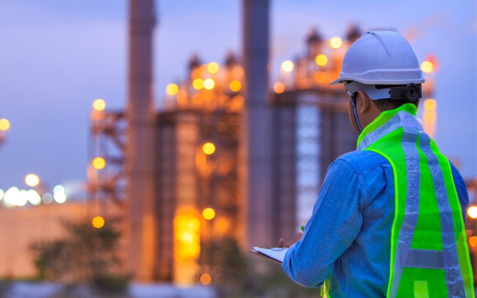 oil refinery plant at sunrise with sky background,blur,bokeh